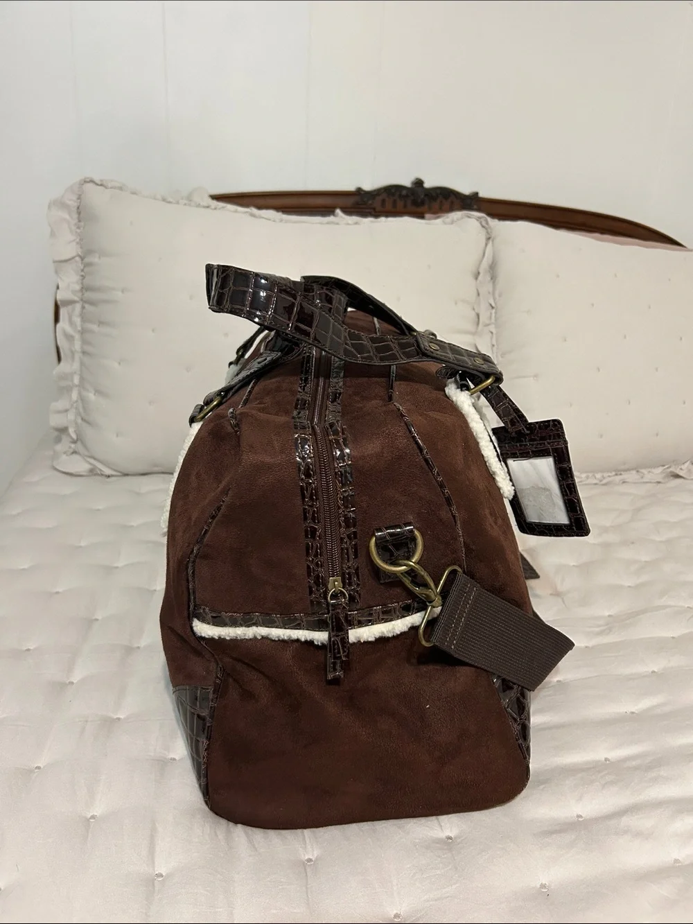 Bath & Body Works Brown Suede Duffel Bag with Croc Trim and White Fur — OS